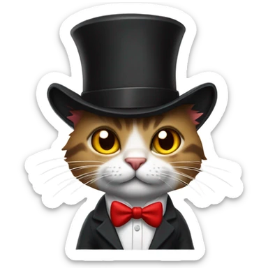 Cat with a top hat wearing a suit and tie and black ripped jeans with a fluffy tail and sharp claws and red gloves sticker