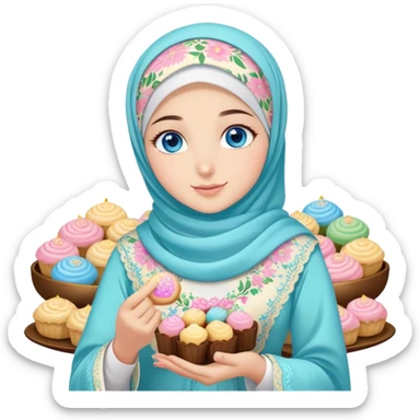 Turkish beautiful finish Konya girl blue eyes with pastel floral hijab islamic dress and had on her hand text Eid Mubarak with sweets and celebrating with her friends eid days   sticker