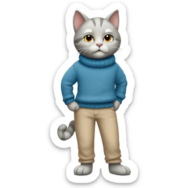 anthropomorphic cat with blue fur wearing a beige sweater and gray pants sticker