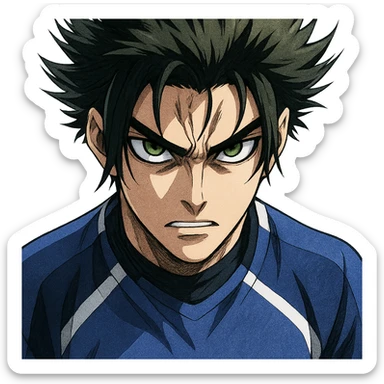 Don Lorenzo from Blue Lock, close-up portrait, intense gaze, anime style, blue and white soccer jersey, spiky hair, no background sticker
