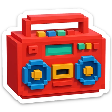 A boombox in voxel style, front view, red color sticker