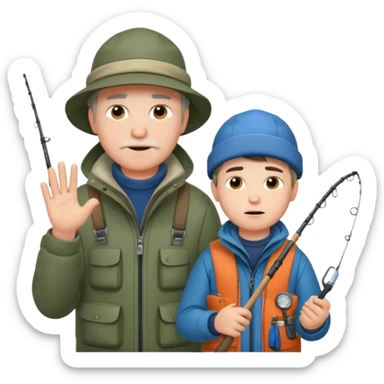 Father and son in fishing gear gesturing that they are cold sticker