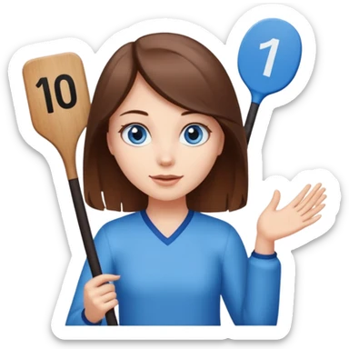 White skinned girl with blue eyes brown hair holding up a score paddle with a 10 on it  sticker