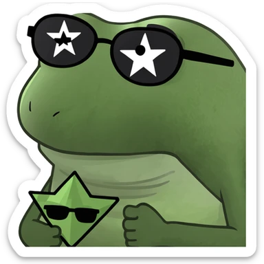 bufo with triangle shaped 8 bit sunglasses full black, confident smile, with a mini black star in his hand sticker