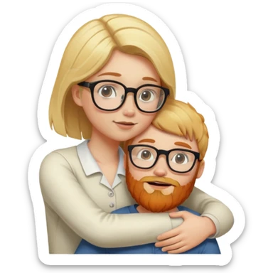 Blonde girl in glasses hugs a ginger boy with a beard sticker