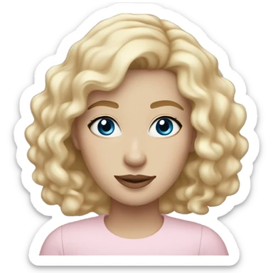 Pale white 25 year old woman with blue eyes, Long blonde and a little curly hair, light brown eyebrows, light pink lips sticker