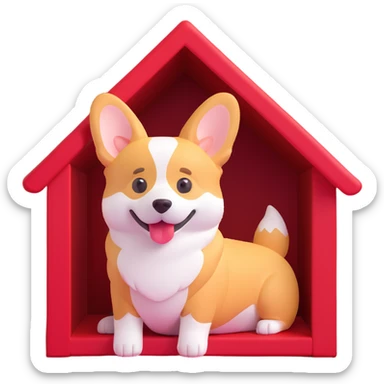 Replace the dog in the house with a corgi breed, keeping the same 3D emoji texture and style, maintaining the red doghouse and overall composition as in the reference image. sticker
