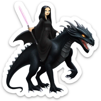  beautiful armored teen Morticia Addams Jedi riding on the back of a very large black shiny evil-looking dragon sticker