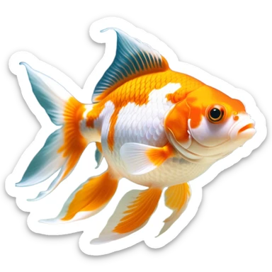 Cinematic Noble Orange and White Goldfish Portrait Emoji, Poised and regal, with a sleek, streamlined build and a vibrant body featuring a harmonious blend of orange and white hues, deep-set soulful golden eyes, Simplified yet sharp and sophisticated features, highly detailed, glowing with a soft, dignified glow, high shine, intelligent and graceful, stylized with an air of aquatic artistry, focused and attentive, soft glowing outline, capturing the essence of a watchful and confident aquatic companion, so majestic it feels as though it could glide out of the screen with effortless authority! sticker