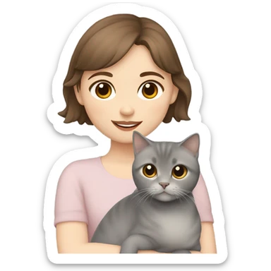 A girl with short brown hair and pale skin holds a grey scottish fold cat sticker