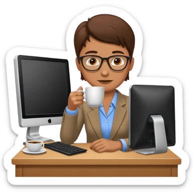 Teacher at computer drinking coffee sticker