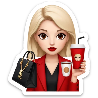 Aries girl core aesthetic, bold red and black outfit, memoji-style avatar, YSL shopping bag, espresso drink, clean minimal background, boss babe mood, street chic style, bold makeup. sticker
