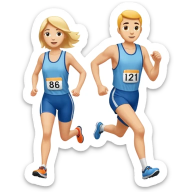 A man and a woman competing in a footrace, wearing bib numbers sticker