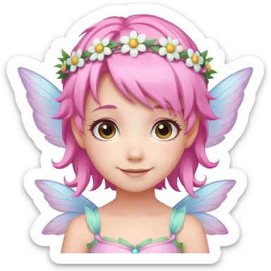 A tiny pastel fairy with pink hair with glowing wings and a sweet smile and tiny flower crown
 sticker