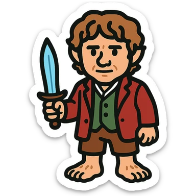 Whole body image of bilbo baggins from the hobbit movie in pixel art style. Bilbo is younger. Make Bilbo look like the actor that portrayed him in the movie, Martin Freeman. Bilbo is wearing the same red jacket, green vest, white undershirt, brown leather short pants, and hairy hobbit feet. He is holding a short sword that is glowing with a blue hue.  sticker