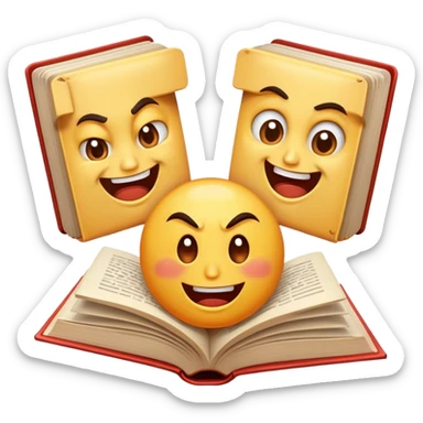 open book with three faces, one angry, one smiling and happy, one that is okei, natural. sticker