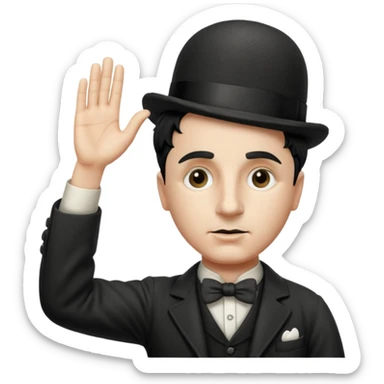 Charlie Chaplin, facing front, right arm extended 45 degrees up, hand straight, palm facing down, manji symbol badge on his left arm sticker