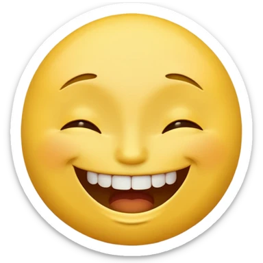 yellow emoji with a big grin, upper teeth visible, eyes closed, and raised eyebrows, classic emoji style sticker