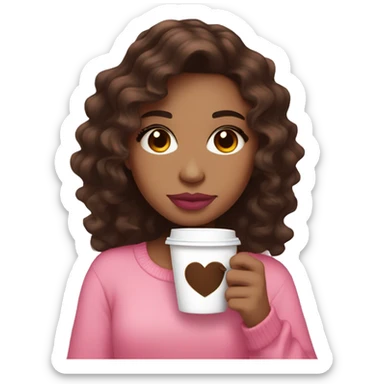 Light skin , dark brown wavy hair, pink lips , pink cheeks, holding coffee, cozy sticker
