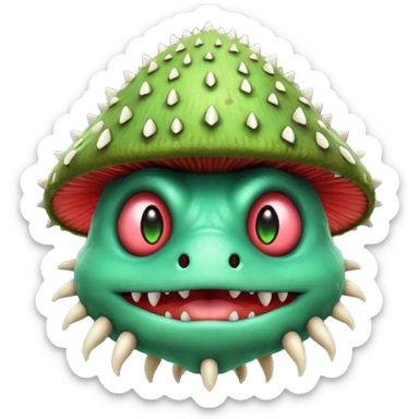 poisonous mushroom monster portrait, head and shoulders only, animal-like creature, mushroom cap head with spikes, toxic green glow, beast-like eyes, furry neck details, monstrous but cute fantasy vibe, 3D cartoon, mobile game icon style, clean background, no text, no watermark

 sticker
