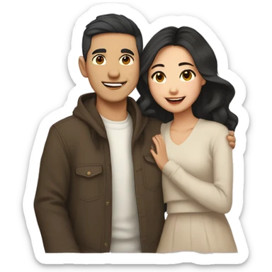 A half pale Asian man with short dark hair and amber eyes embracing and loving a half Asian woman with long wavy dark hair and dark hazel eyes. They love each other a lot And have good fashion taste. And are having a lot of fun sticker