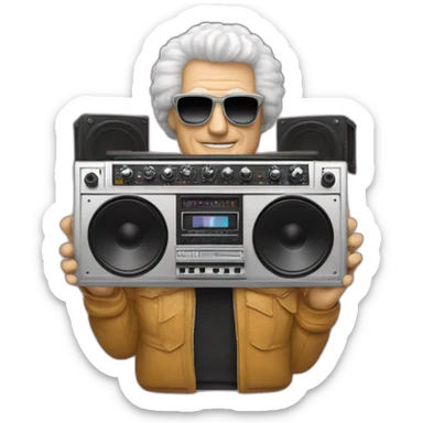 Bob Moog holding up a boombox sticker