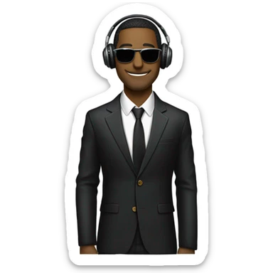Man with sunglasses DJ black jacket skinny tie headphones scratching records sticker