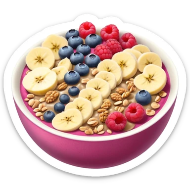 smoothie bowl with bananas, raspberries, blueberries, granola and peanut butter sticker