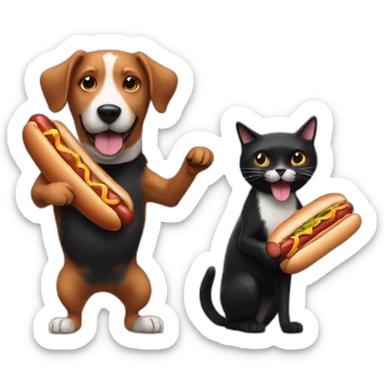 A dog eating a hot dog and dancing with a black cat sticker