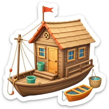 
cute fisherman house, small wooden seaside cabin, fishing nets, fishing boat sign, rope details, warm sunlight, coastal vibe, 3D cartoon, mobile game icon style, soft shadows, clean background, no text, no watermark
 sticker