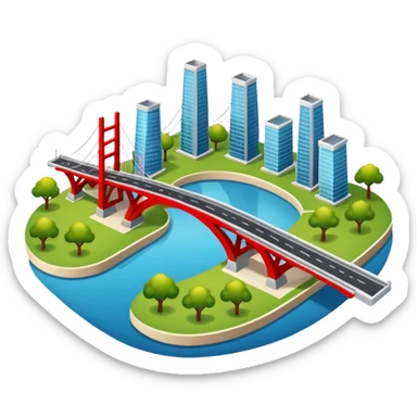 advanced modern island with advanced infrastructure, parks, contemporart buildings, and with a red bridge on one side sticker