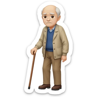 Old man leaning on a walking cane and holding his crancky back with his hand, grumpy face, detailed sticker