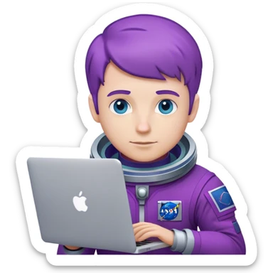 white guy astronaut with purple suit, blue eyes, short purple hair and one macbook sticker