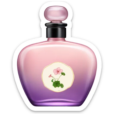 Aesthetic display of blush pink nasturtiums, an elegant violet perfume bottle, and a vintage love letter written in flowing script. sticker