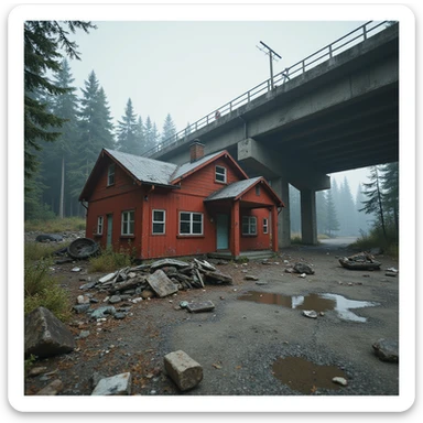  a screenshot of a location in a videogame  the image of the scene consists of:  [above-ground vacant train freeway partially collapsed], a red 1980's construction mansionesque wooden motel painted red, surrounded by war-torn pollution wreckage, wooded area sticker