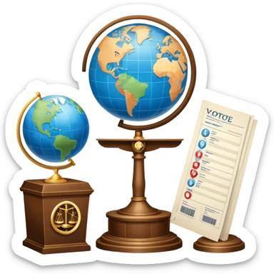 An icon featuring a podium with a speaker, a ballot box with a voting slip, and a globe, symbolizing political science. The design includes scales of justice and a world map in the background, representing governance and global politics. Transparent background highlights political analysis. sticker
