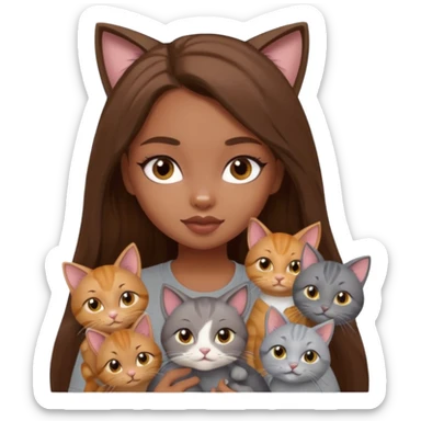 a pretty bratz dusky girl with long brown hair with six cats nd wearing a grey tshirt sticker