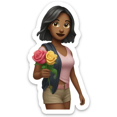 A woman named Rose visiting a beach in California while holding a rose in her hand, dark hair and bangs in a ponytail sticker