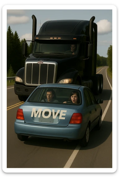 Remove the year 2026 from the black truck, add a visible person inside the car in front, keep the truck black and the rest of the scene the same. sticker