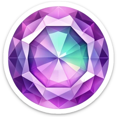 round cut fluorite gemstone, faceted, with iridescent pink and lavender holographic color play inside sticker