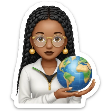 a young woman wearing fine gold round glasses and black hair in several box braids, no earrings, she has light black skin, and she's wearing a white shirt with a black quarterzip. She's holding a globe in one hand sticker