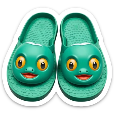 slightly green rubber pool slippers with carp eyes on the top sticker