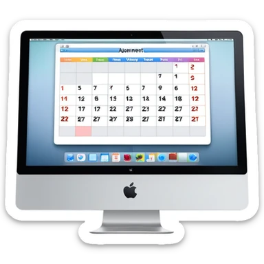 front view of an iMac with a single day-calendar on the screen, vertical hours on the left, horizontal client slots, some slots filled with color to show booked appointments sticker