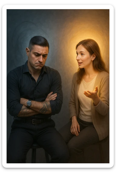 Uomo tra i 30 e i 40 anni seduto su una sedia, sguardo dubbioso, con le mani incrociate in grembo. Di fronte a lui, una donna calma e gentile gli parla e gli offre una soluzione con gesto aperto. Intorno a lei, un’aura luminosa. Intorno a lui, la sua aura maschile si affievolisce, come se stesse perdendo forza interiore. L’uomo appare indeciso, la postura è passiva. Ambientazione neutra, toni simbolici, atmosfera silenziosa. Luci fredde e calde in contrasto. Stile realistico con accenti metaforici sticker