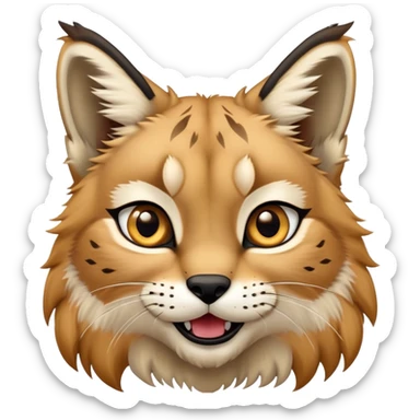 Cinematic-realistic cute-Lynx-Portrait-Emoji – Head tilted dramatically with an exaggeratedly amused expression, featuring a thick, tufted golden-brown coat with striking black ear tufts, wide, expressive amber eyes filled with playful disbelief. zoomed out to show fluffy fur sticker
