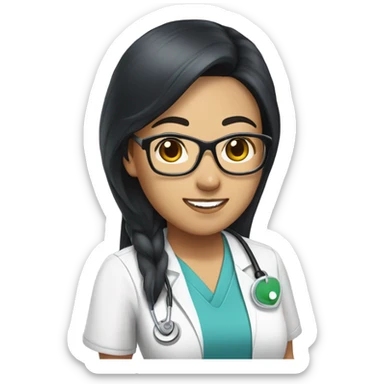 Asian nurse with long straight black hair and tan skin and clear glasses in scrubs sticker