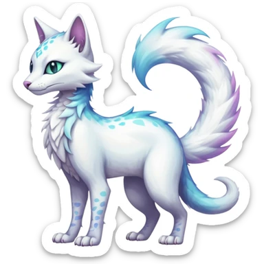 Kawaii white iridescent beautiful pretty elegant divine edgy fantasy feline-vernid-sergal-fursona animal creature with a tufted tail full body with intricate markings  sticker