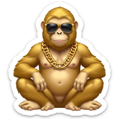 ape with big golden chain on the neck wearing sunglasses sitting on the big pile of gold  full height. sticker