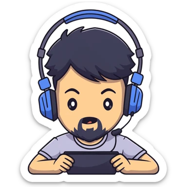 Anime-style character with black hair, brown eyes, black beard, and gaming headset, Japanese animation style sticker