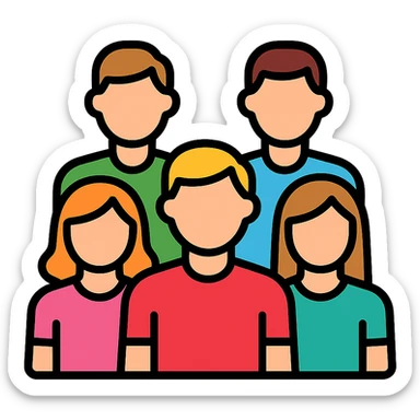 five white people standing together as a team, vibrant color icon sticker